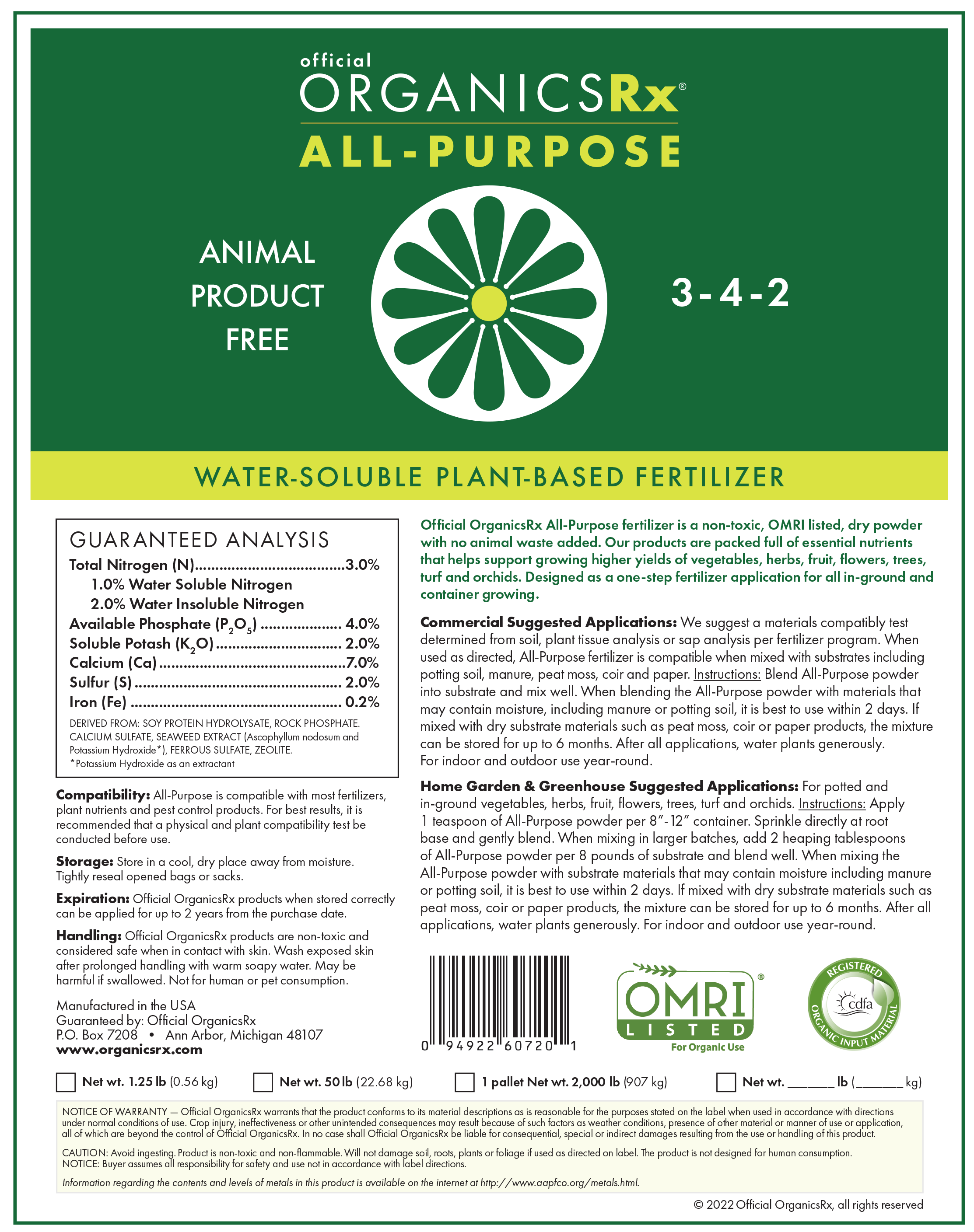 Back of All Purpose plant based fertilizer label