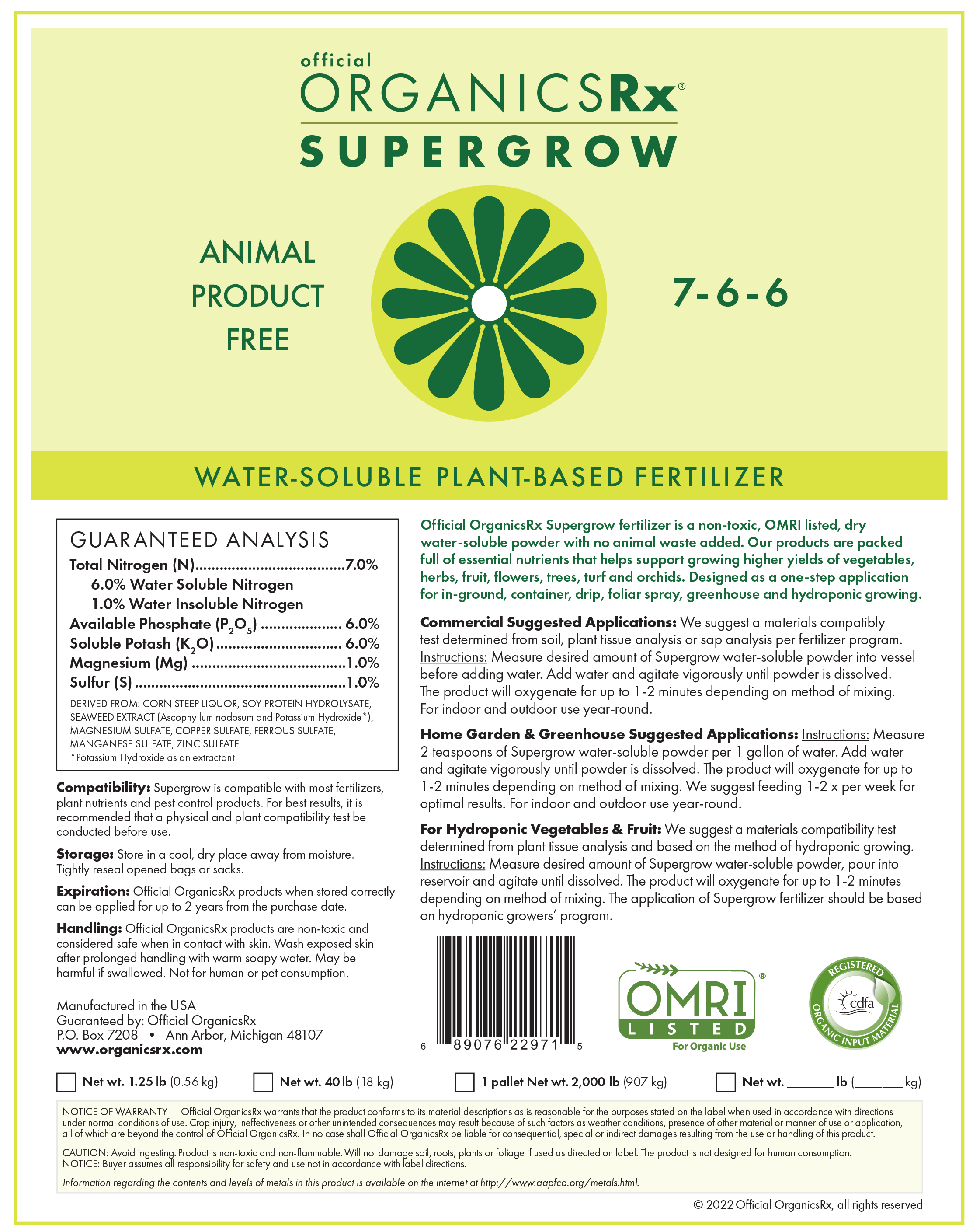 Back of Supergrow plant based fertilizer label